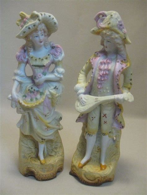 Victorian Bisque Porcelain Figurines Man And Woman Mandolin Basket L And M