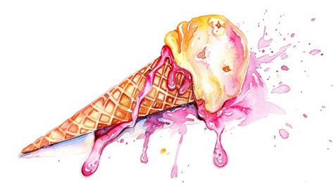 Melting Ice Cream Cone Watercolor Art Stock Illustration - Illustration ...