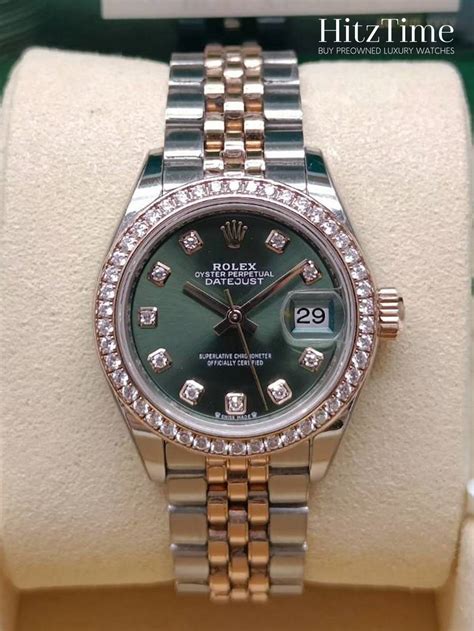 Rolex Lady Datejust Mm Diamond Gold Steel Green Dial Ref Rbr