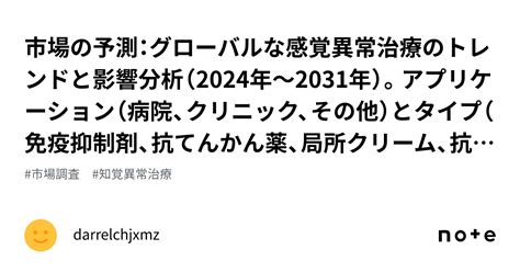 市場の予測：グローバルな感覚異常治療のトレンドと影響分析（2024年〜2031年）。アプリケーション（病院、クリニック、その他）とタイプ（免疫抑制剤、抗てんかん薬、局所クリーム、抗ウイルス薬