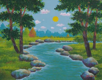 Acrylic on Canvas Landscape Painting of River from Java - The Flowing Road | NOVICA