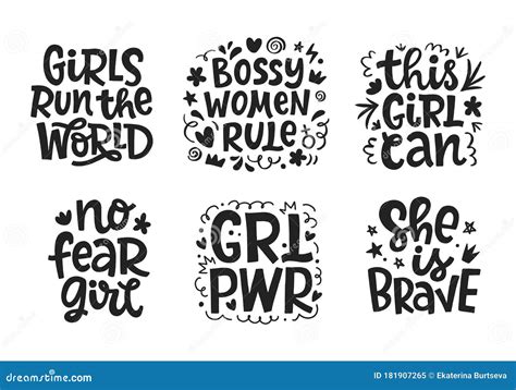 Girl Power Quotes Set Hand Drawn Lettering Vector Design Stock Vector