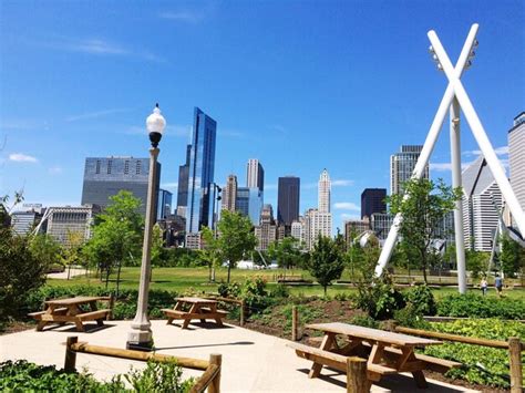 Premium Photo | Picnic tables in park against modern buildings in city