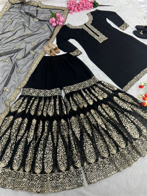 Beautiful Partywear Black Kurta Sharara Set With Duppatta Pakistani