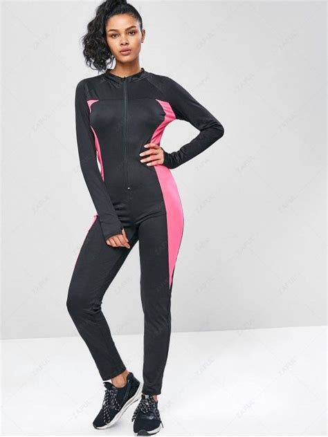 24 Off 2021 Long Sleeve Zip Two Tone Gym Jumpsuit In Black Zaful