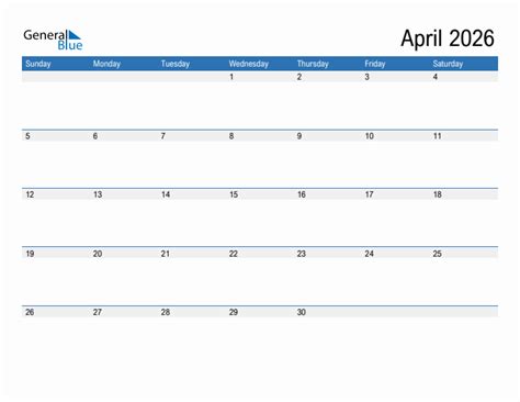 Editable Calendar Template for April 2026