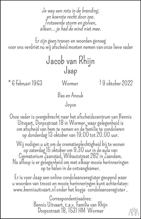 Jacob Jaap Van Rhijn Overlijdensbericht En Condoleances