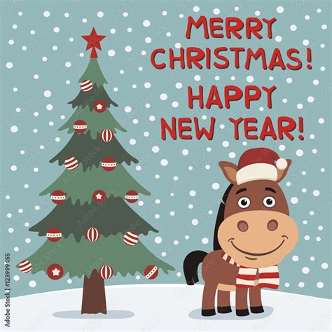 Merry Christmas and Happy New year! Funny horse near Christmas tree ...