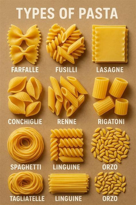 Types of pasta illustration labeled italian cuisine shapes explanation