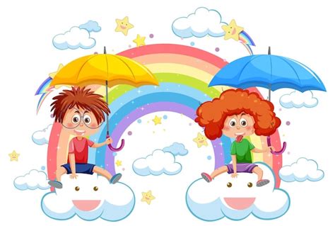 Niños sentados en las nubes con arco iris en el cielo Vector Premium