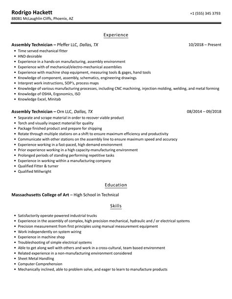 Assembly Technician Resume Samples Velvet Jobs