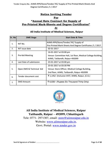 Fillable Online Aiims Rpr Store Tender Rc Supply Of Pre Printed