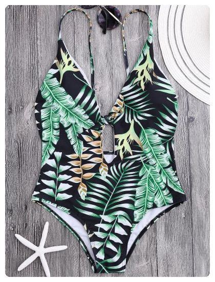 Tropical Leaf Print Front Tie Swimsuit Floral Padded Swimsuits