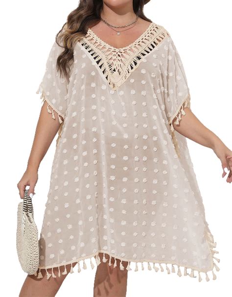 Women Plus Size Swimsuit Cover Up Beach Bikini Crochet Dress Hollow Out V Neck Backless Bathing