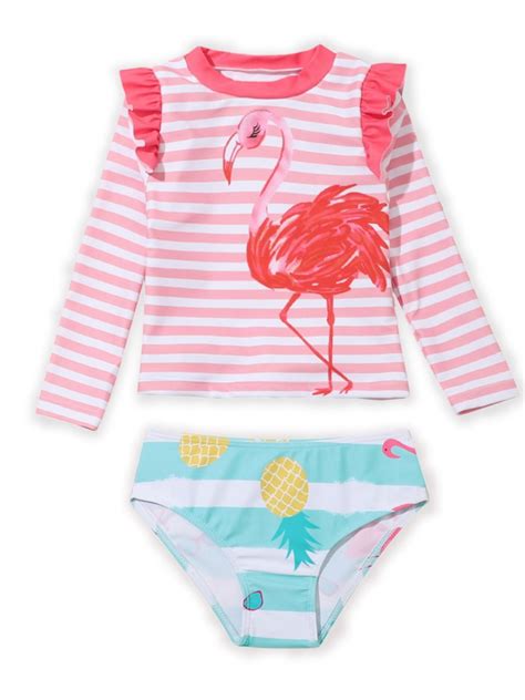 Urmagic Urmaic Kid Girls Long Sleeve Rash Guard With Bikini Bottoms Two Pieces Swimsuit Flaminos