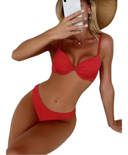 Bañador Bikini Unicolor Push Up Corte Alto Traje De Baño 2pz Envío gratis