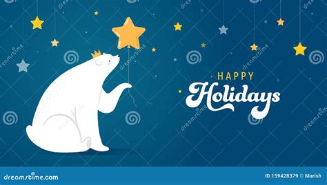 Merry Christmas Greeting Card Banner White Polar Bear Is Holding Gold