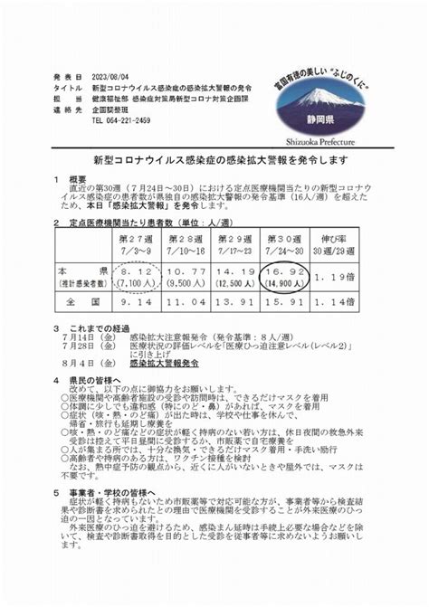 【静岡県】新型コロナウイルス感染症の感染拡大警報の発令等について 磐田市商工会