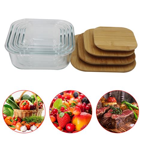 Square Glass Food Container Bamboo Lid 320ml 520ml 800ml 1100ml Eco Friendly Thermal Food