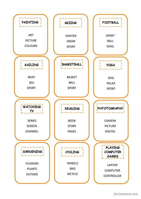 Taboo Cards Hobbies General Vocabu… English Esl Worksheets Pdf And Doc