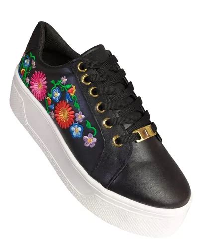 Tenis Negro Dama Mujer Plataforma Bordado Flores De Colores Envío gratis