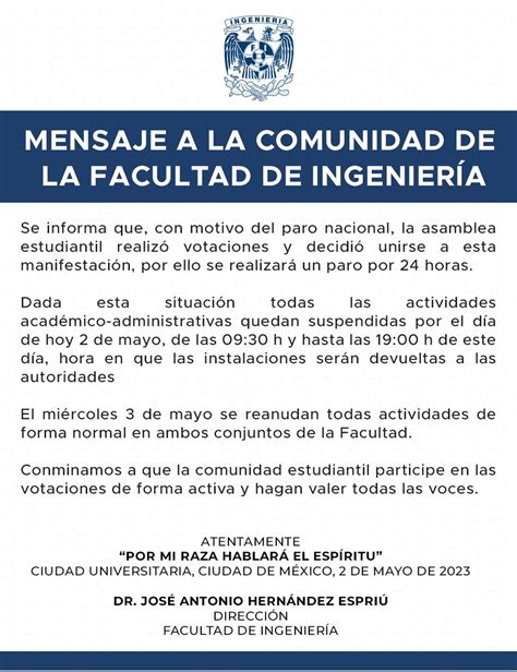 Ingeniería UNAM on Twitter Mensaje a la comunidad de la Facultad de