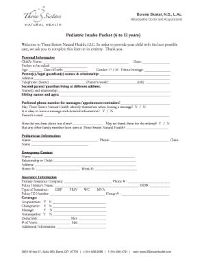 Fillable Online Pediatric Intake Packet 6 To 12 Years Three Sisters