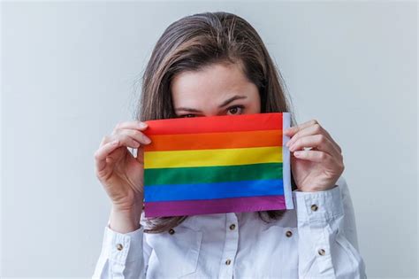 Premium Photo Beautiful Caucasian Lesbian Girl With Lgbt Rainbow Flag