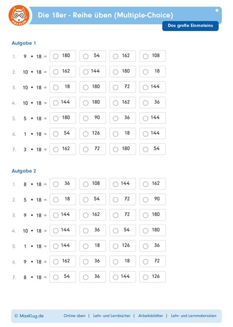 Arbeitsblatt 18er Reihe üben Multiple Choice