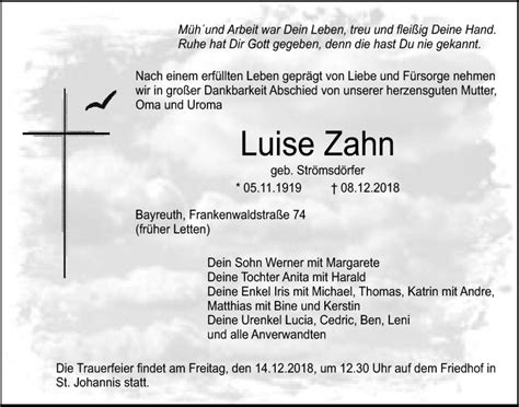 Traueranzeigen Von Luise Zahn Nordbayerischer Kurier