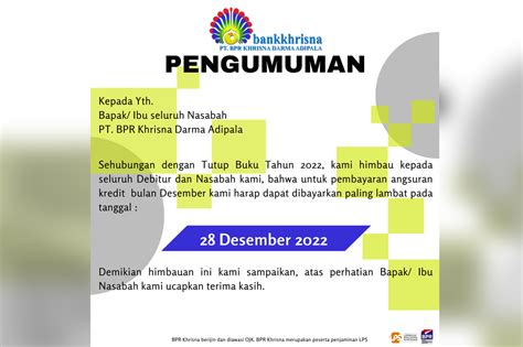 PENGUMUMAN TUTUP BUKU 2022 PT BPR Khrisna Darma Adipala