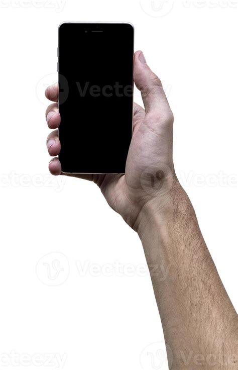 Male Hand Holding Black Cellphone With Black Screen At Isolated White