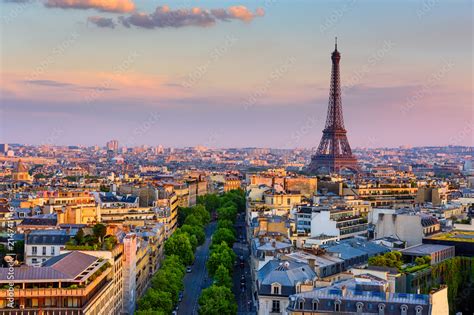 Skyline of Paris with Eiffel Tower in Paris, France. Panoramic sunset ...