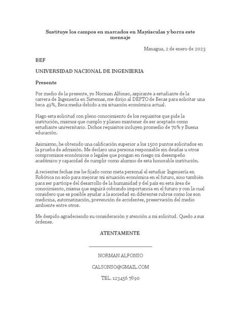 Formato Carta Para Solicitud De Beca Universitaria Pdf