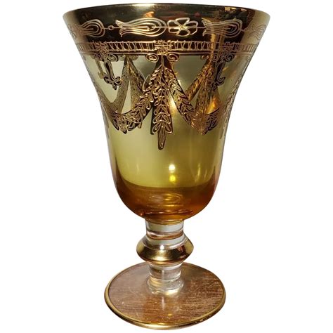 Interglass Italy Honey Amber Crystal Glass Gold Encrusted Wine Goblet