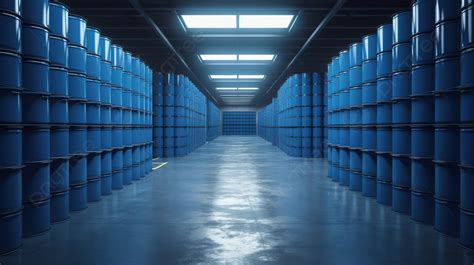 Piled Up Blue Barrels In A 3d Rendered Warehouse Aisle Background Oil