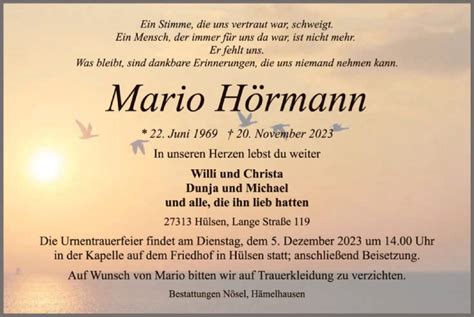 Traueranzeigen von Mario Hörmann trauer kreiszeitung de