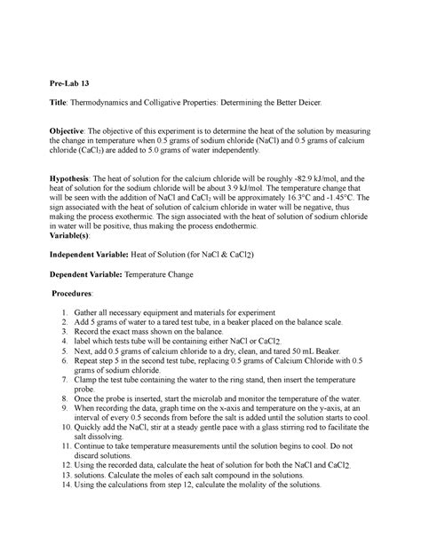 Pre Lab 13 Lab 13 Pre Lab 13 Title Thermodynamics And Colligative