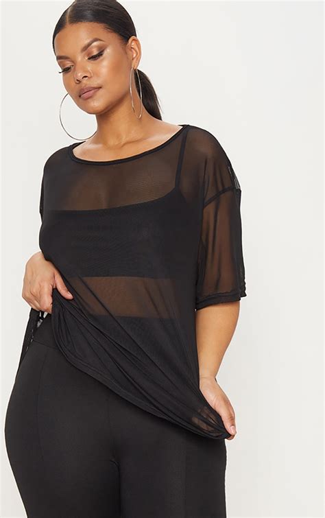 Plus Black Sheer Mesh Oversized T Shirt Plus Size Prettylittlething