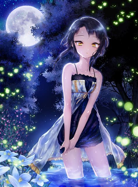 1girl Absurdres Bare Shoulders Black Hair Den Diorama Dress Fireflies