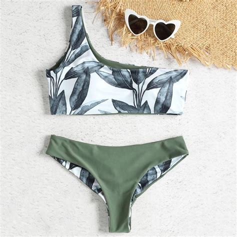 One Shoulder Leaves Print Bikini Sexy Bathing Suit Push Up Swimming Suit One Shoulder Bikini