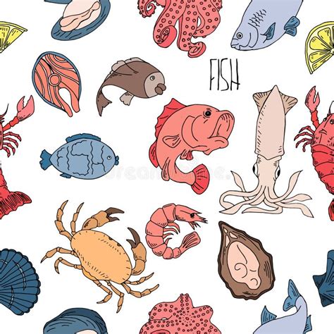 Set Of Hand Drawn Seafood Healthy Food Drawings Set Elements For Menu