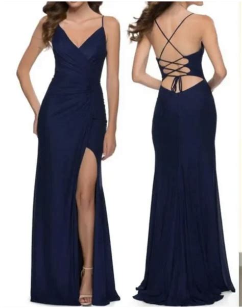 Navy Blue Prom Dresses Slit Side Criss Cross · Dressydances · Online