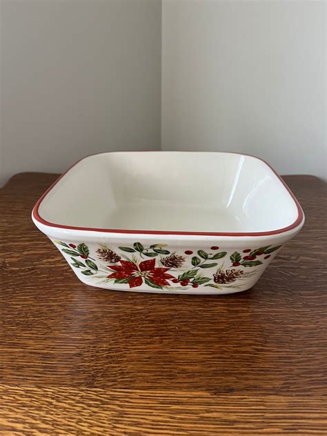 Longaberger Pottery Nature S Garland 9 Inch Square Serving Bowl Poinsettia Christmas Festive