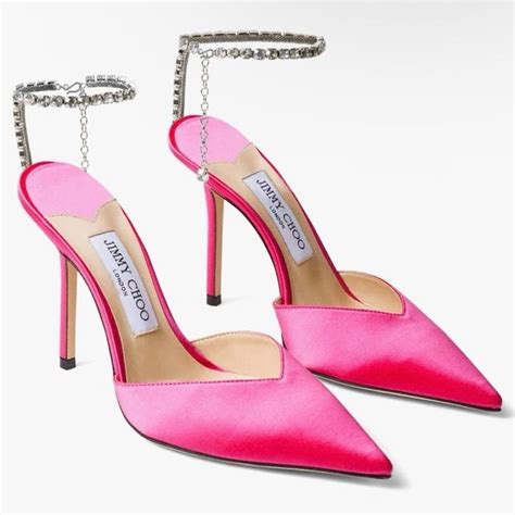 Jimmy Choo Saeda 100 Fuchsia Satin Pumps With Crystal Embellishment