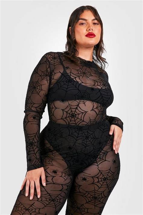 Plus Halloween Spider Web Mesh Bodysuit Boohoo Uk