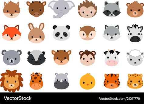 Cute animal heads collection flat style Royalty Free Vector