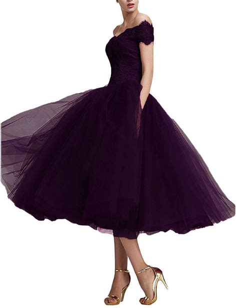 Jqld Womens Tea Length Evening Prom Dress With Sleeve Off Shoulder