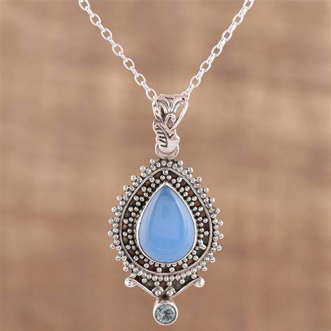 UNICEF Market Handcrafted Blue Chalcedony Pendant Necklace From India