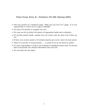 Fillable Online Stat Tamu Final Exam Form B Statistics 211 505